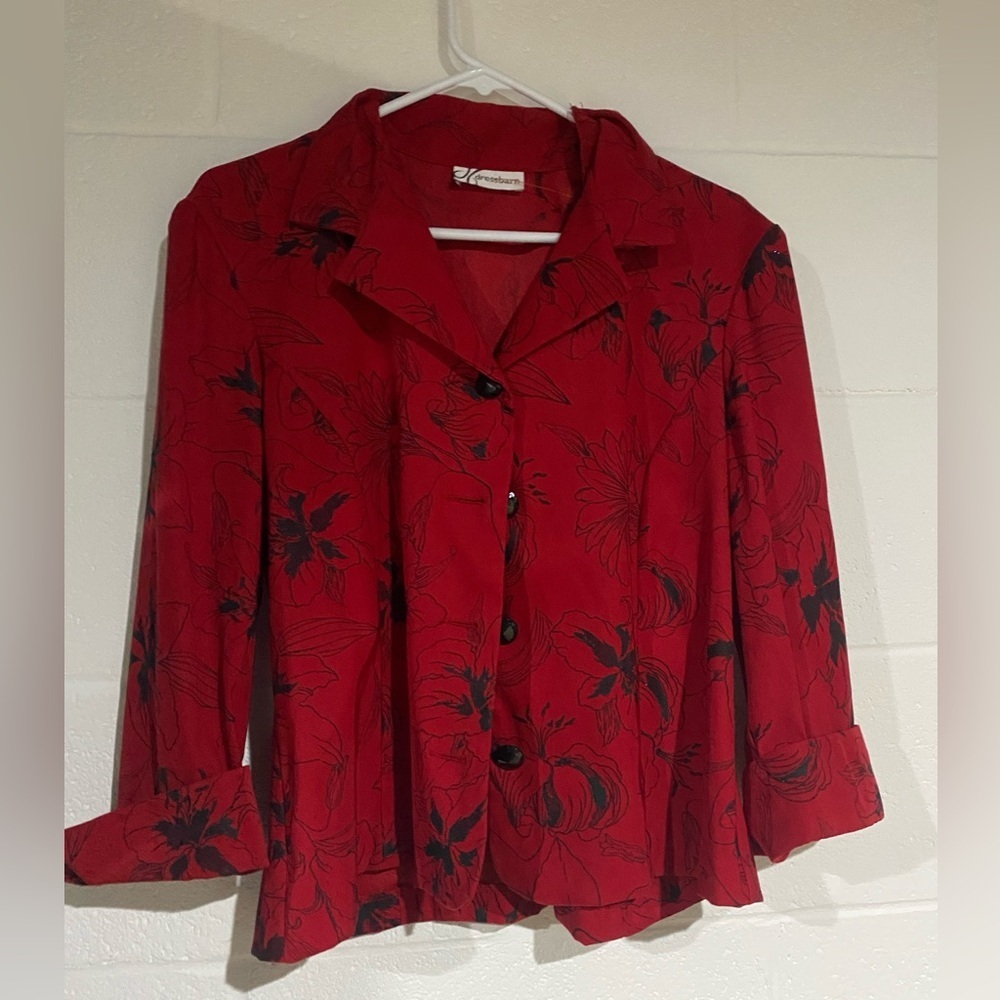Dressbarn button up top black floral and red medium sparkling